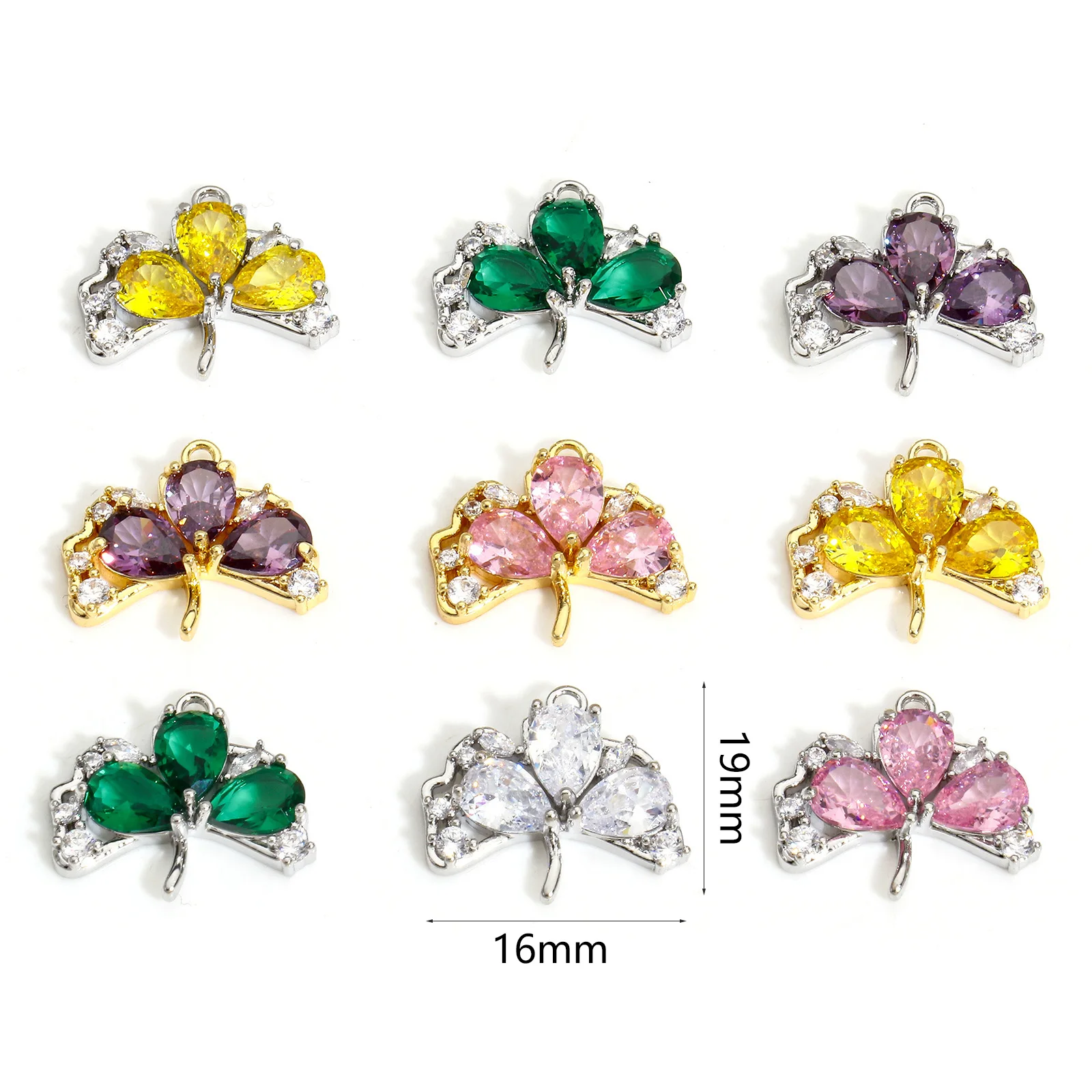 1pc Brass Ginkgo Leaf Charms 18K Gold Plated Plant Leaf  Pendant Multicolour Cubic Zirconia Necklace DIY Findings 19 x 16mm