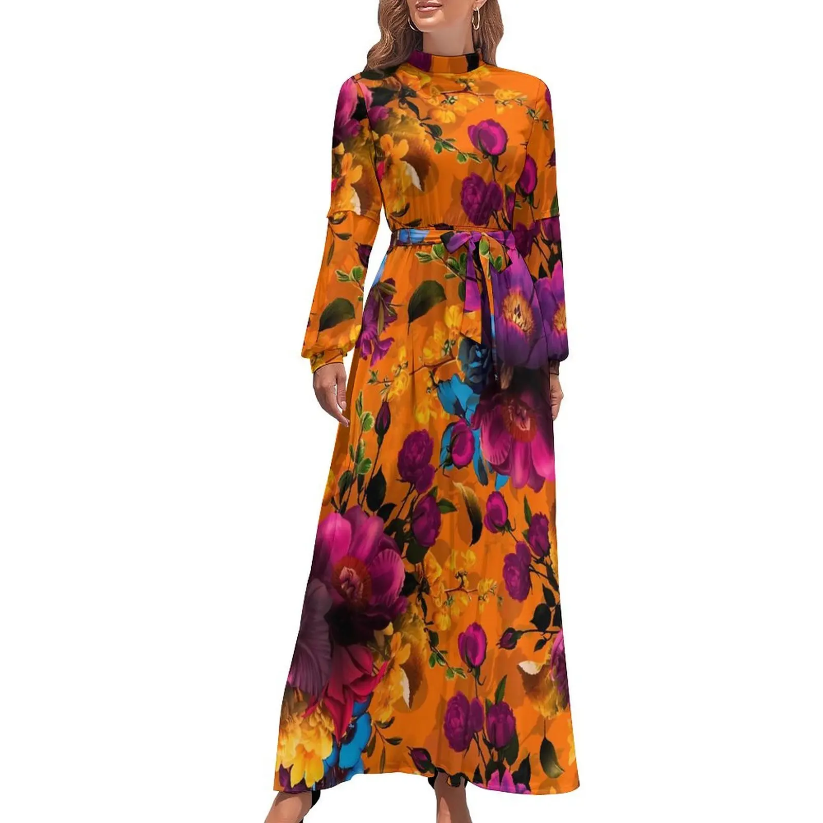 

Retro Flower Print Dress Long Sleeve Mystic Botanical Trendy Maxi Dress High Neck Graphic Beach Long Dresses Birthday Present