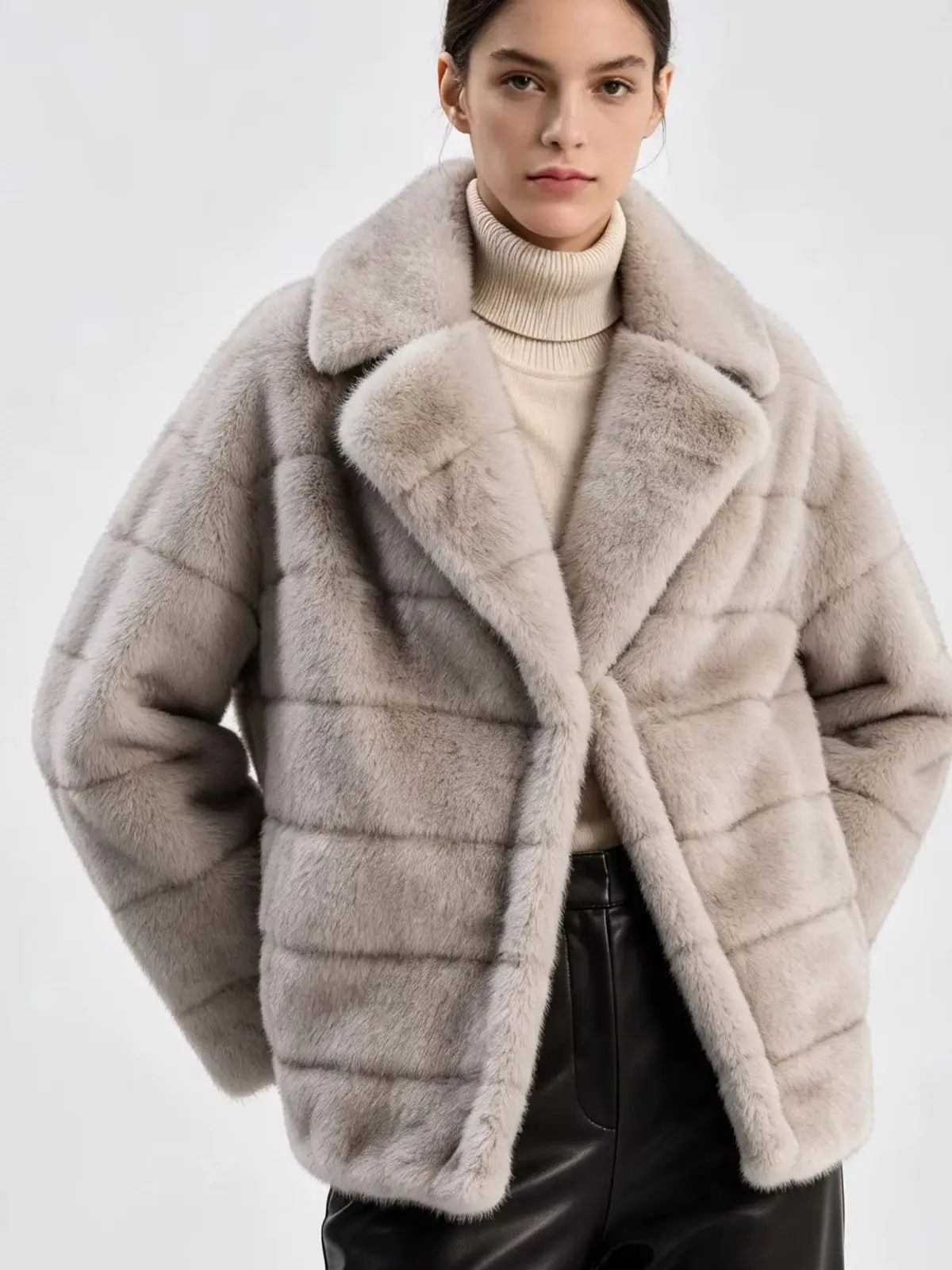 RU Women Lapel Faux Mink Fur Jacket Long Sleeve Loose Short Plush Outerwear