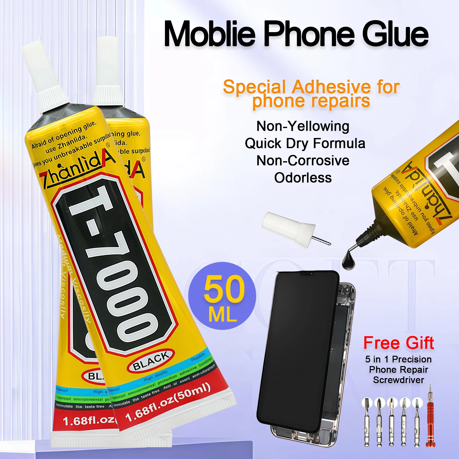 

T-7000 Phone Repair Glue, Strong Flexible and Waterproof Adhesive, Clear Quick-Dry Super Glue for Touch Screen, Battery Glass