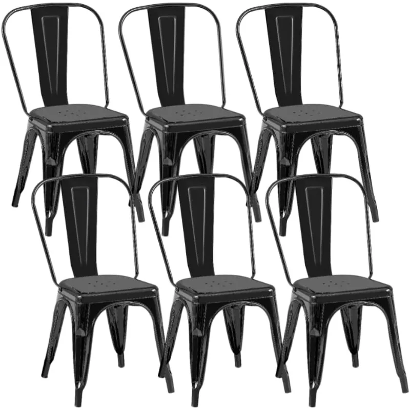 

Металлический обеденный стул, набор из 6 железных штабелируемых металлических стульев, кухня, ресторан, кафе, внутренние и уличные промышленные винтажные стулья, черные