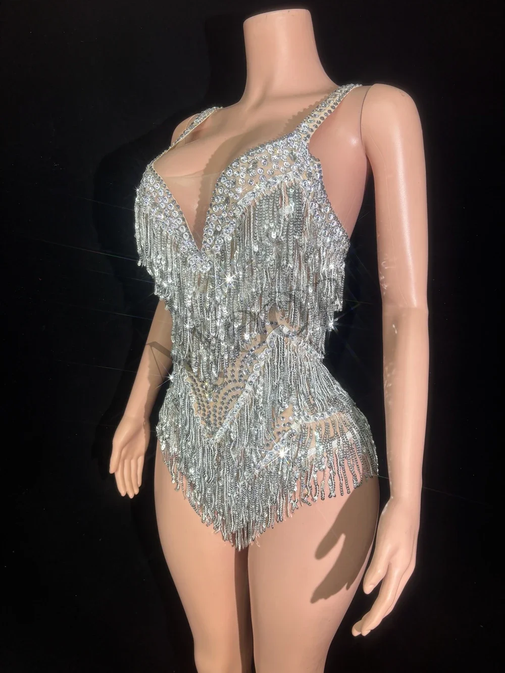 Body z dżetami, cekinami i frędzlami na scenę, seksowny, prześwitujący kostium do tańca dla kobiet, kostium dla piosenkarki/tancerki.