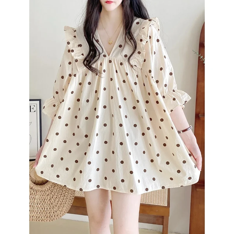 Korean Minimalist Commute Summer New Shirts V-neck Patchwork Polka Dot Printed Ruffles Mid-length Half Sleeve Women\'s Blouses