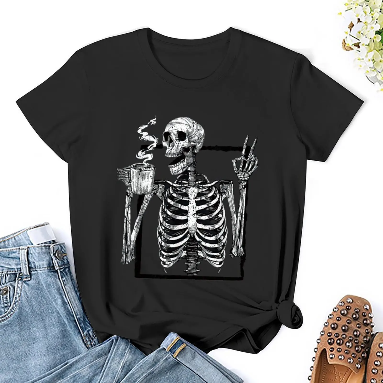 Skeleton Drinking Coffee Peace Funny Drinking Ghost Women Shirt Graphic Shirt Casual Short Sleeved Female Tee T-Shirt Size S-4XL