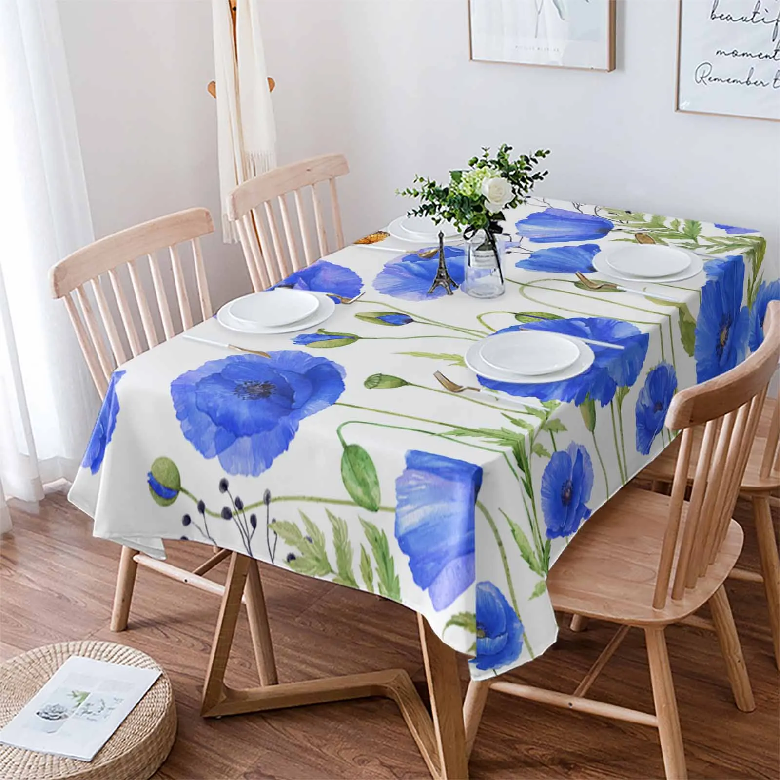 

Blue Retro Watercolor Poppy Flower Waterproof Tablecloth For Table Kitchen Decorative Coffee Cuisine Party Table Cover