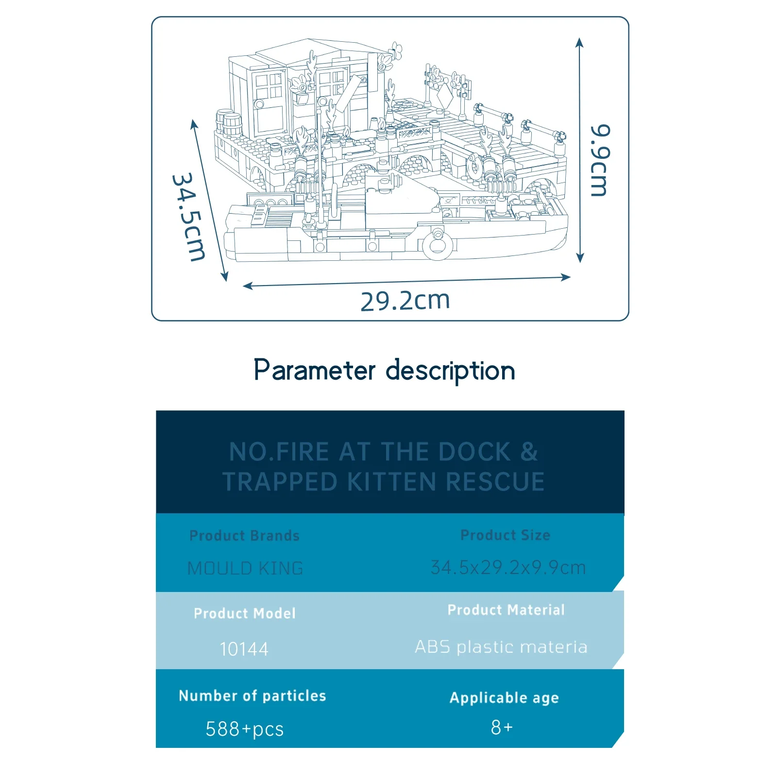 Mould King 10144 No.Fire At The Dock & Trapped Kitten Rescue Building Blocks Pier Cattery Lifeboat Model Kids Toys Gift 588PCS