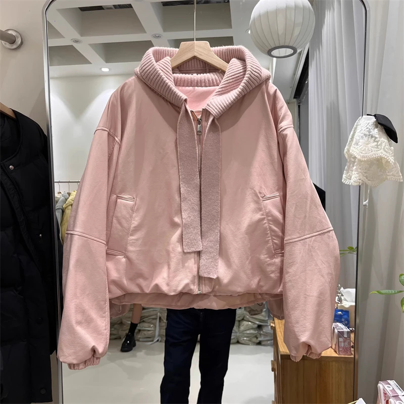 شتاء 2025 المرأة الصوف محبوك المرقعة وشاح بولي Leather الجلود أسفل سترة Y2K جودة عالية موضة عادية سترة قصيرة معطف #4