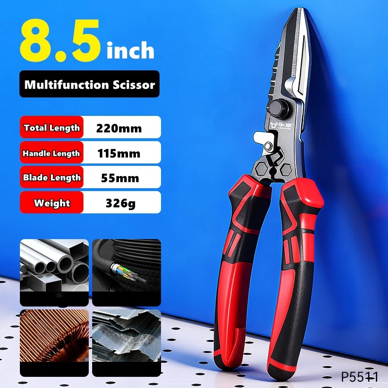 Multi-Functional Electrician Scissors, Crimping Wire Cutting Tool with Wrench Aviation Snips for Metal Sheet and Cable Cutting
