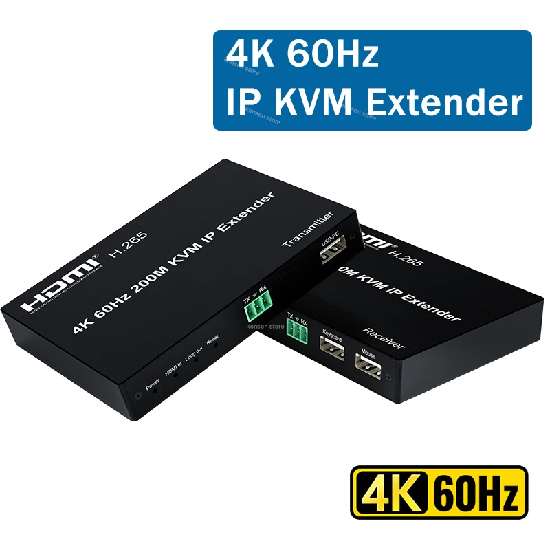 H.265 4K 60Hz HDMI KVM Extender over IP Rj45 CAT6 Cable 200M HDMI USB Video Extender Support 1 TX to Multi RX via Network Switch