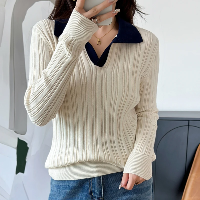 

THYFGT 100% хлопковый женский свитер-пуловер с воротником поло и полосатым принтом, дизайнерская одежда класса люкс, большие размеры, распродажа