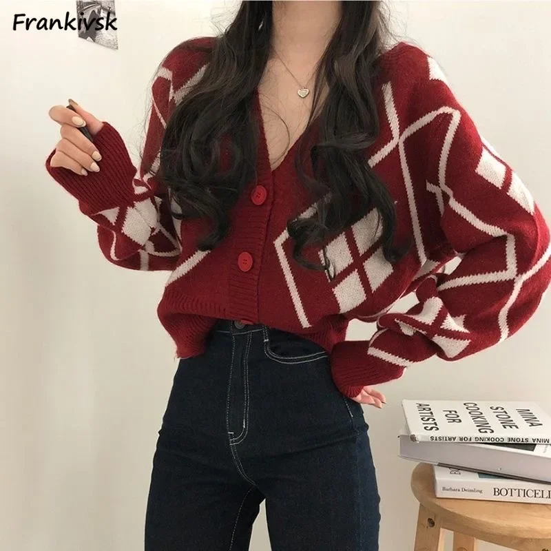 

Cropped Cardigan Women Slim V-neck Argyle Advanced Spring Autumn Retro American Style Fashion Aesthetic Popular Classic Street