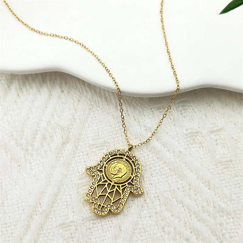 Hamasa Hand of Fatima George VI Coin Necklace for Women Men Stainless Steel Gold Color Punk Style Chain Jewelry GiftsZZZ995-2