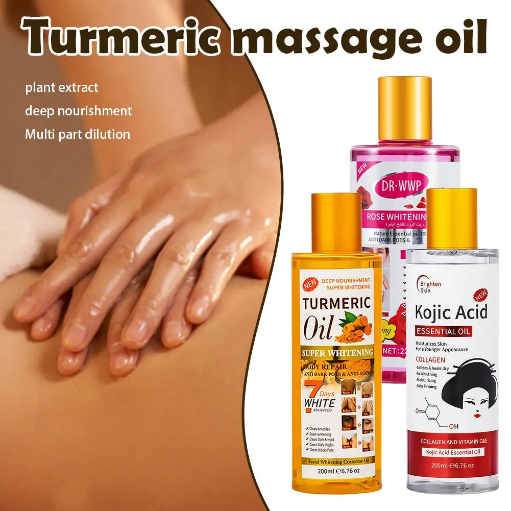 Aceite de masaje de cúrcuma de 200 ml – Aceite de masaje para todo el cuerpo con vitamina C, cuidado corporal que ilumina la piel, aceite esencial de cúrcuma