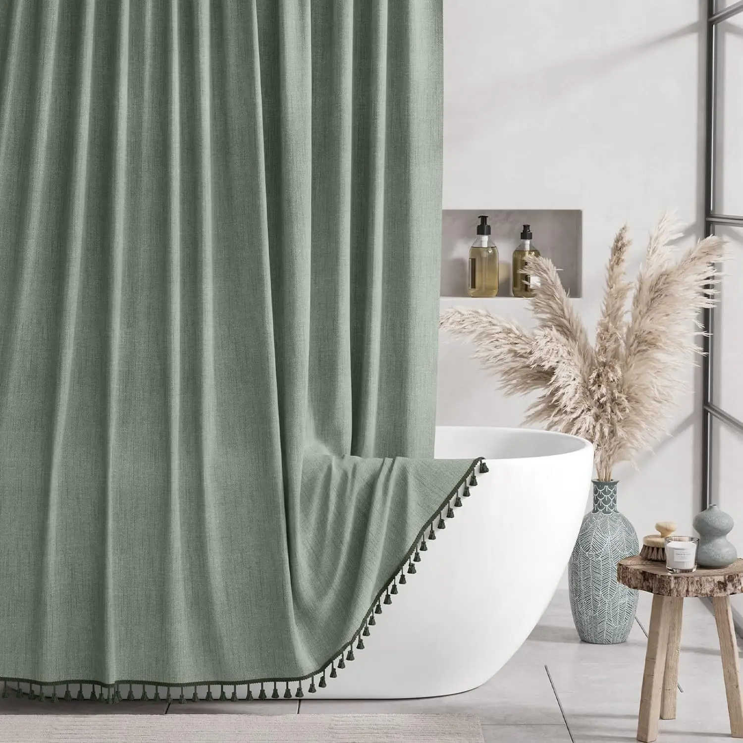 Vintage Striped Tassel Shower Curtain, Waterproof & Mildew-Proof Bathroom Curtain for Hotel & Home, No-Drill with Hooks, New
