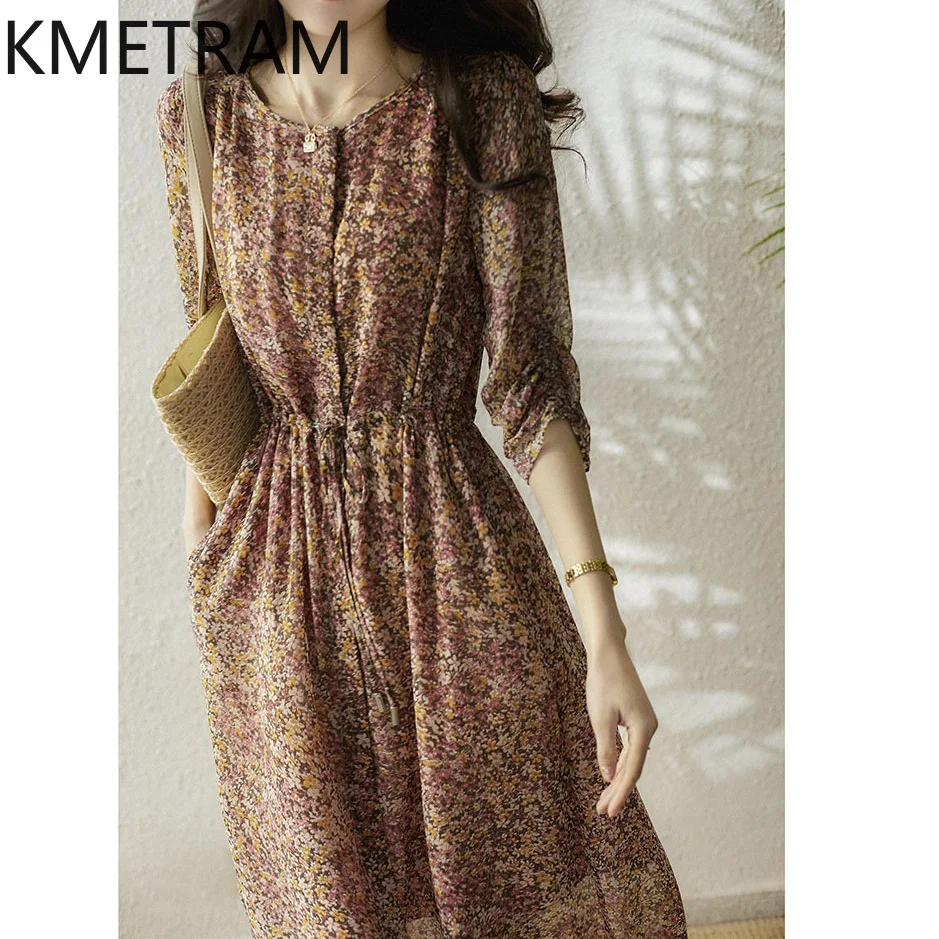 KMETRAM 100% Robe chemise en soie de mûrier Femme robes florales élégantes pour Femme vêtements de haute qualité Robe d'été 2025 Robe Femme