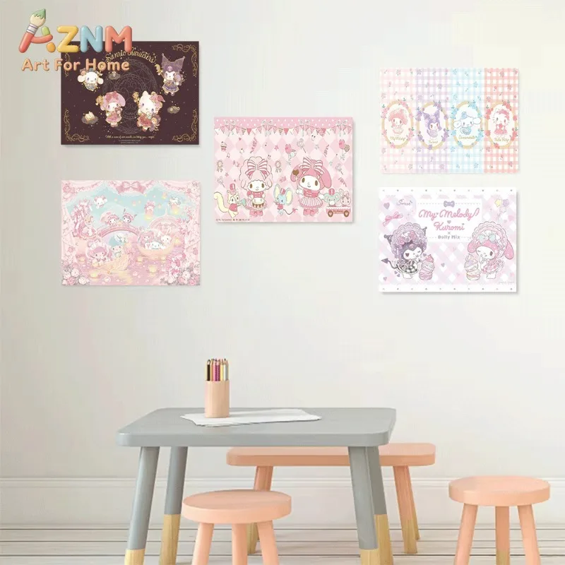 Sanrio Characters My Melody Kuromi Cinnamoroll Magic Fairytale Collage Canvas Painting Unframed Cute Wall Art Poster for Girls