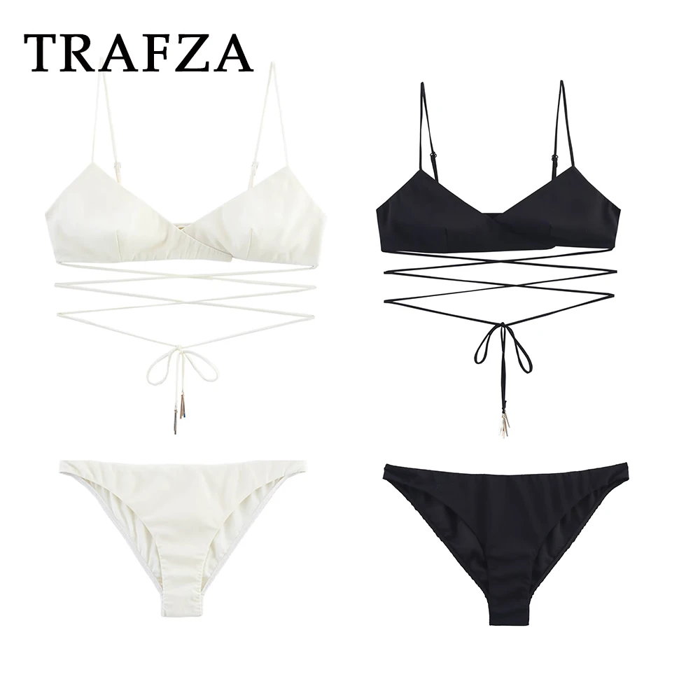 

TRAFZA Chic Sexy Black Women Swimsuit Fashion 2025 Summer Holiday Beach Bikini Mature Elegant Party Lace Top+Sexy Underpants