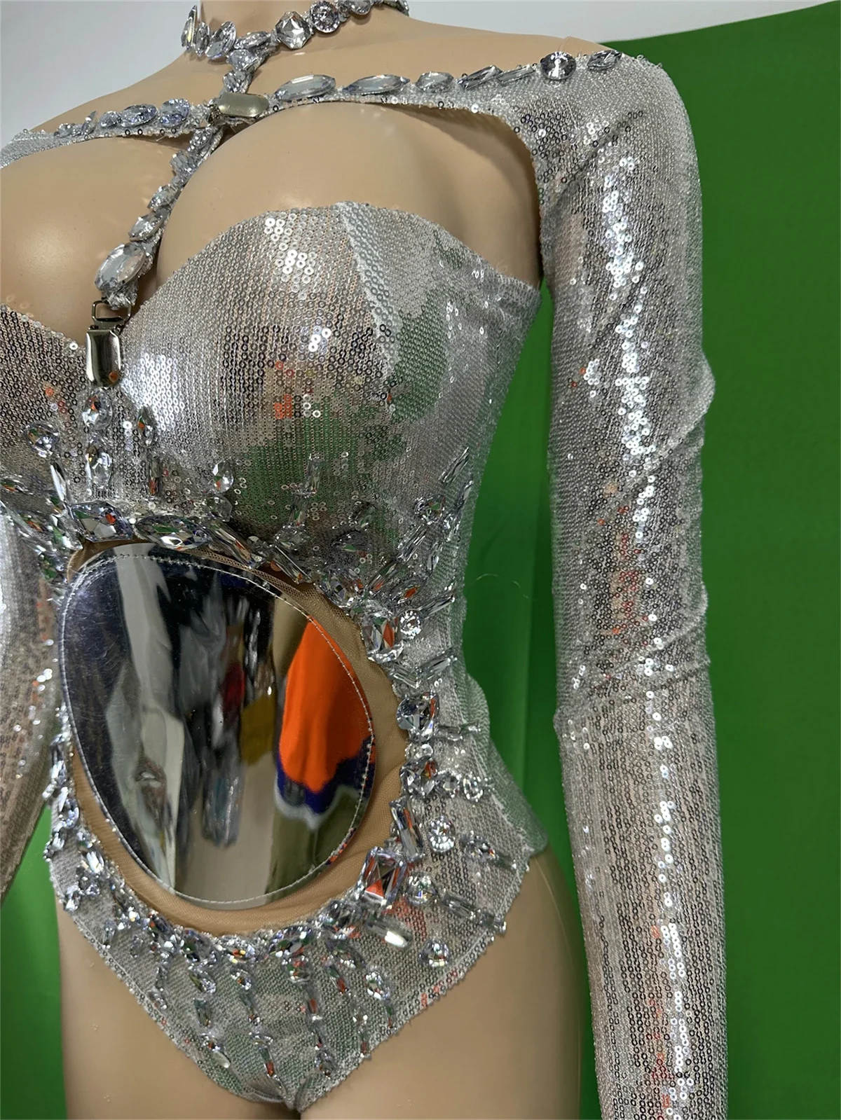 

Silver Sequins Sexy Body Suits Women Long Sleeve Gogo Nightclub Party Rhinestone Stage Queen Outfit