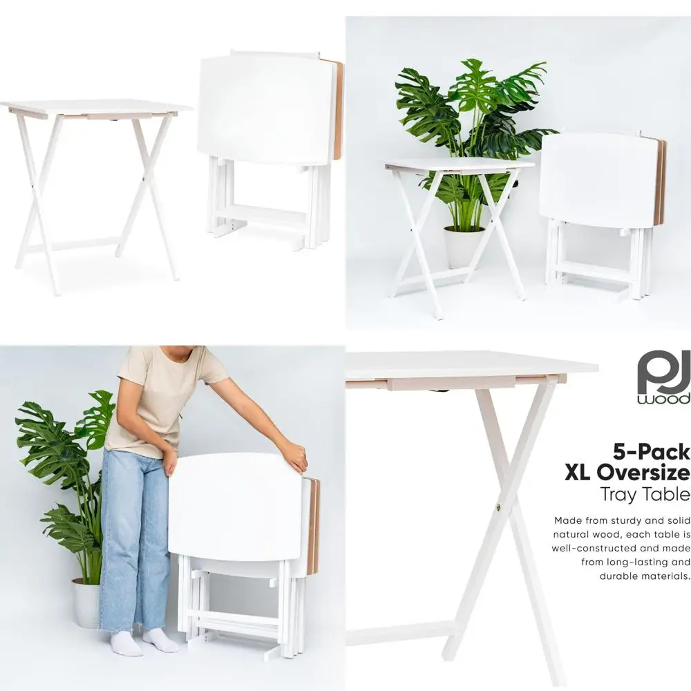 PJ Wood 5 Pack XL Oversize Tray Table for Living Room or Kitchen, Indoor TV Tray Set for Small Spaces and Family Gatherings, Whi