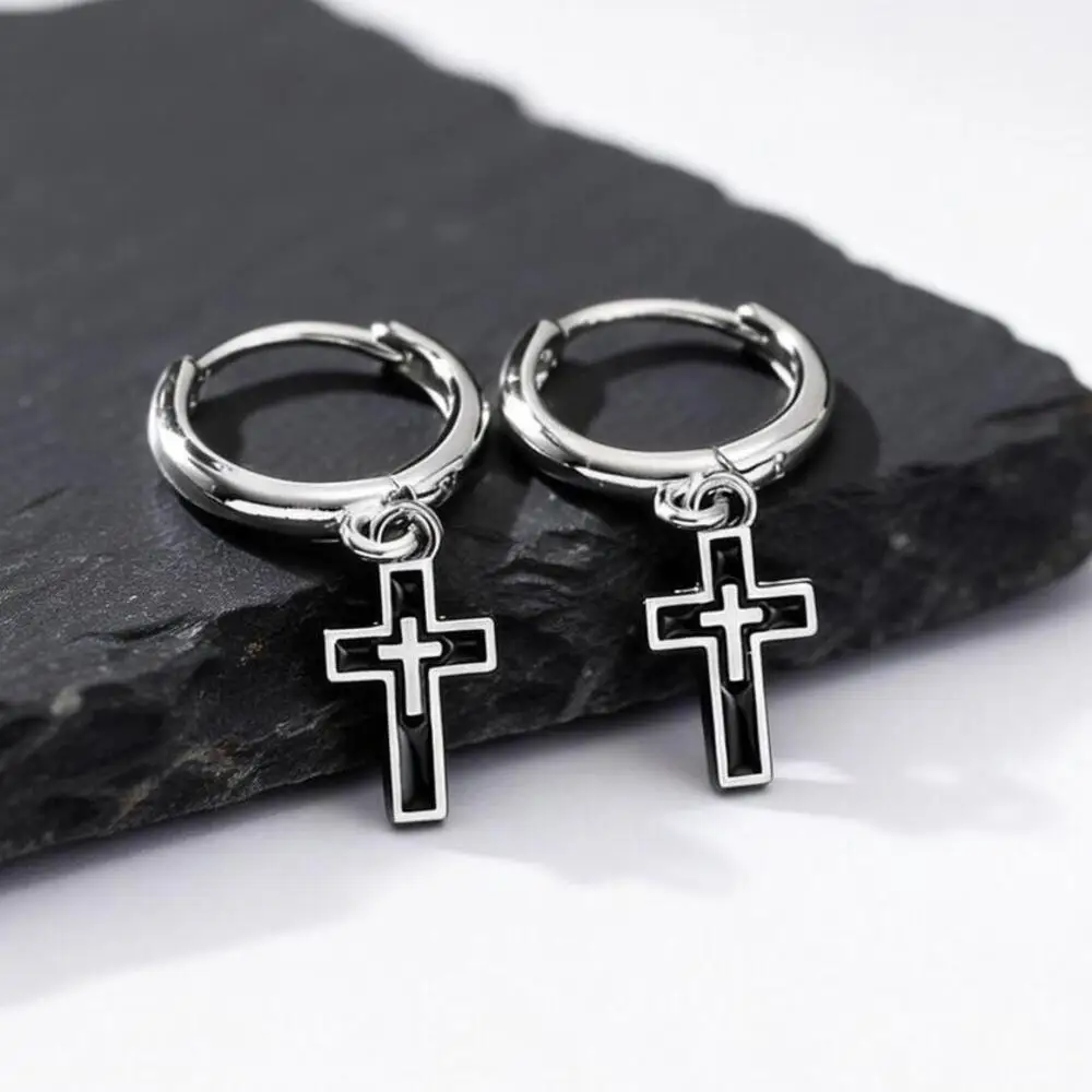Hip Hop Cross Huggies Earrings for Men Boys,Simple Metal Cross Hoop Earrings,Piercing Earring Gift