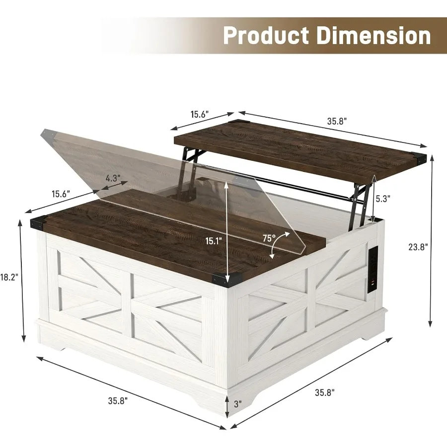 Farmhouse living room coffee table: wood, white, movable lift top with storage, power outlets, wheels, barn door design, large