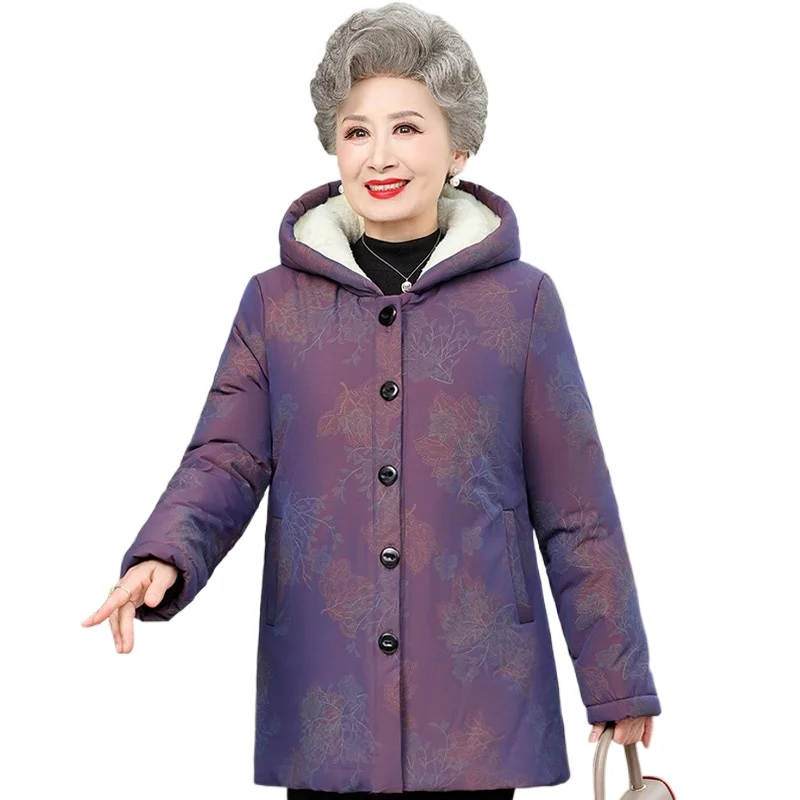 Aged Grandmother 60-70-80 Years Cotton-Padded Coat Parkers Middle-Length Winter Clothes Women\'s Thickened Hooded Jacket