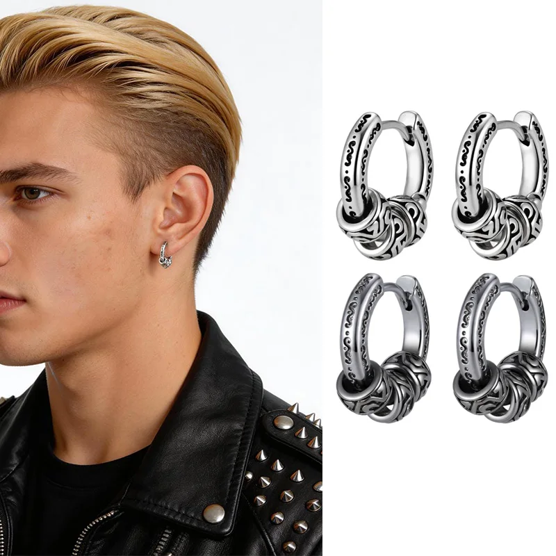 Vnox Vintage Pattern Hoop Earrings for Men Women, Gray Silver Color Round Huggies Earring, Punk Fashion Jewelry Accessories Gift