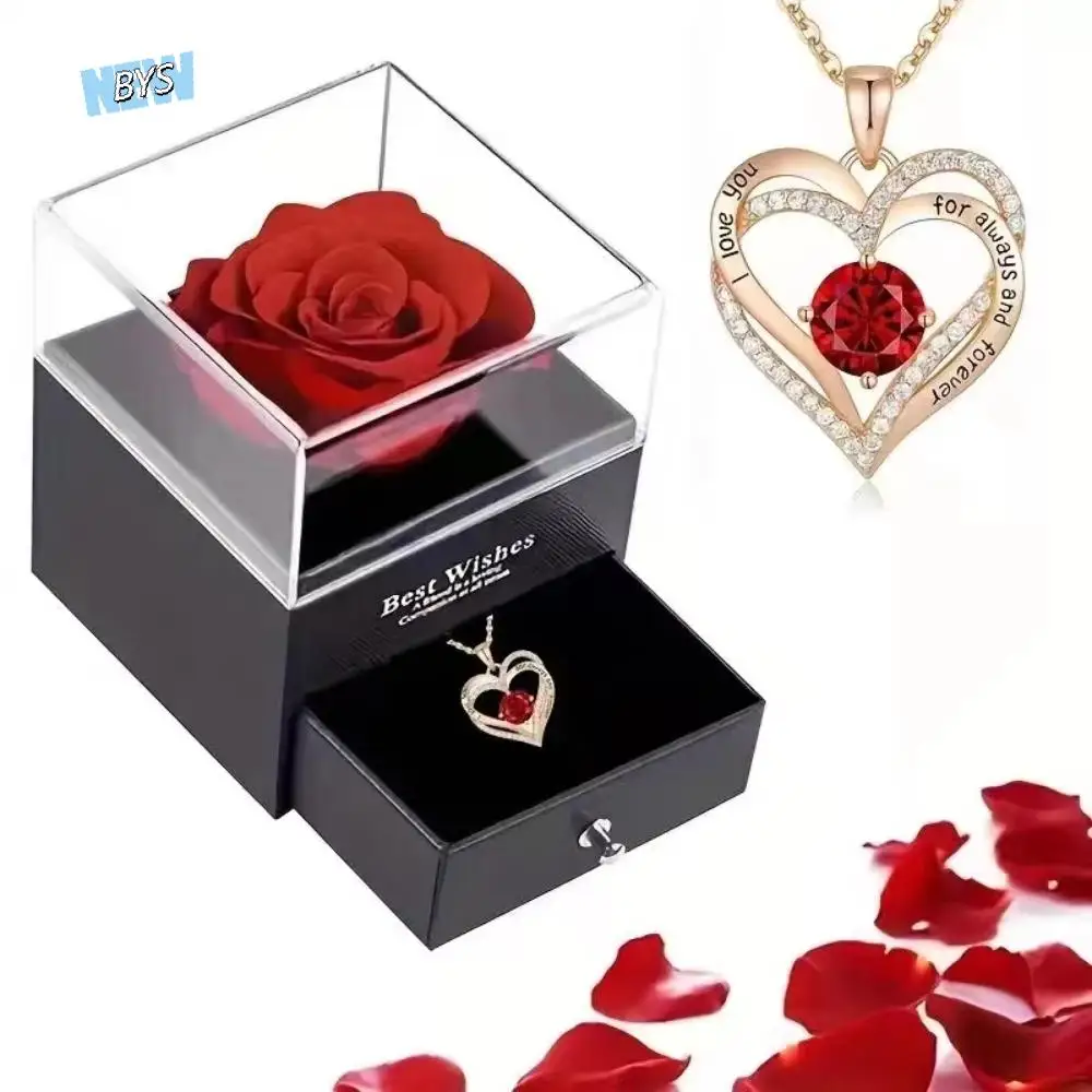 

Diamond-studded Rose Gift Box Love Necklace Double Heart with Greeting Card Valentine's Day Necklace Electroplated