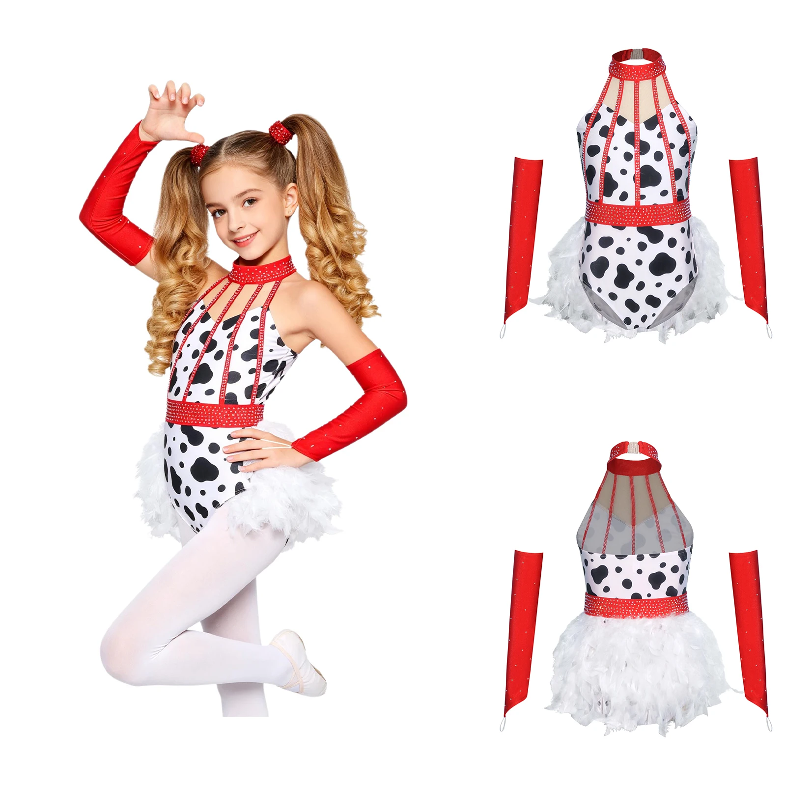 Kinder-Dalmatiner-Kostüme mit Flecken, Mädchen-Ballett-Tanzleotards mit Strass, Neckholder-Jazz-Tanz-Jumpsuit mit Federn und Rock + Überärmel