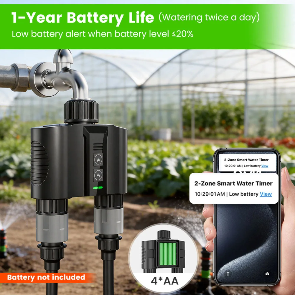 

Умный двухканальный таймер полива Tuya с контроллером автоматического полива для садоводства и газонов с двойной коммуникацией через шлюз