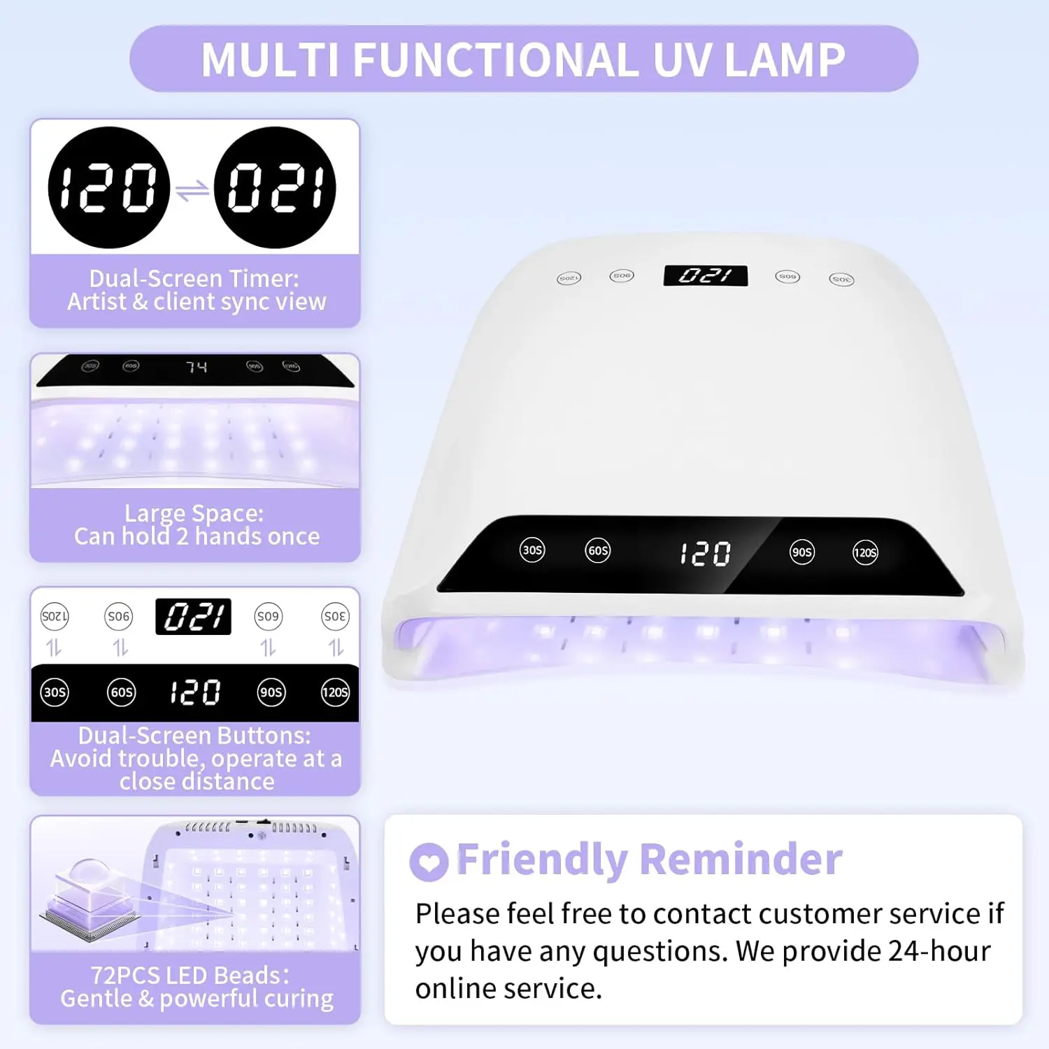 2-in-1 Pro Dual-Screen 320W UV LED Nail Lamp, 72-Bead Eye-Safe Gel & Polish Dryer, 4-Timer Home Salon Use