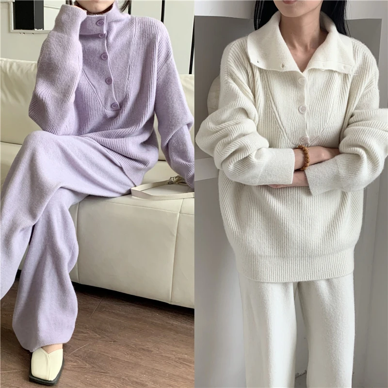 Autumn Winter Knitted Pants Sets Korean Casual Turn Down Collar Knitting Sweater+high Waist Wide Leg Pants Sets Women Tracksuits