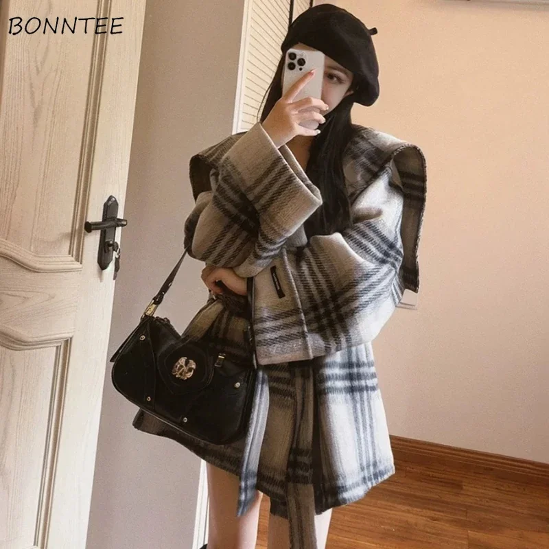 Vintage Woolen Jackets Women Plaid Autumn Winter Slouchy Harajuku Daily Tender Keep Warm Windbreak Loose Stylish Korean Ulzzang