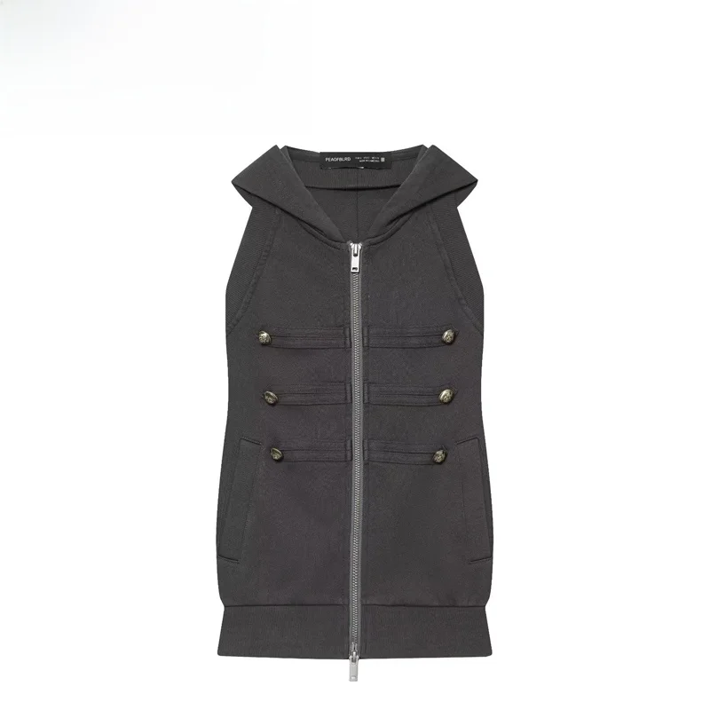 Fashionable Retro Gold Buckle Hoodie Sleeveless Jacket Women's Standard Fit Polyester Fiber Zipper Closure Summer Outfit