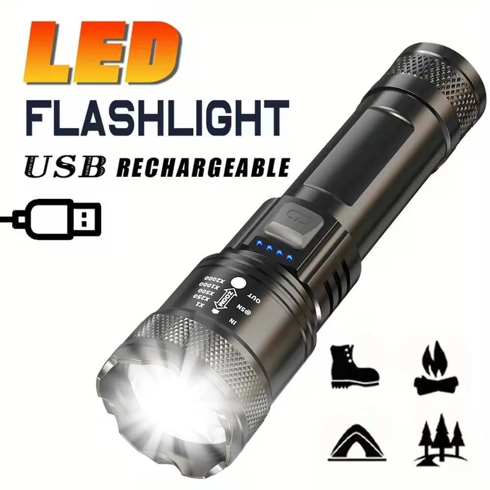 مصباح LED فائق السطوع مصباح يدوي USB الشعلة القابلة لإعادة الشحن تلسكوبي ضوء التكبير في الهواء الطلق في حالات الطوارئ التخييم الصيد فانوس مقاوم للماء #1