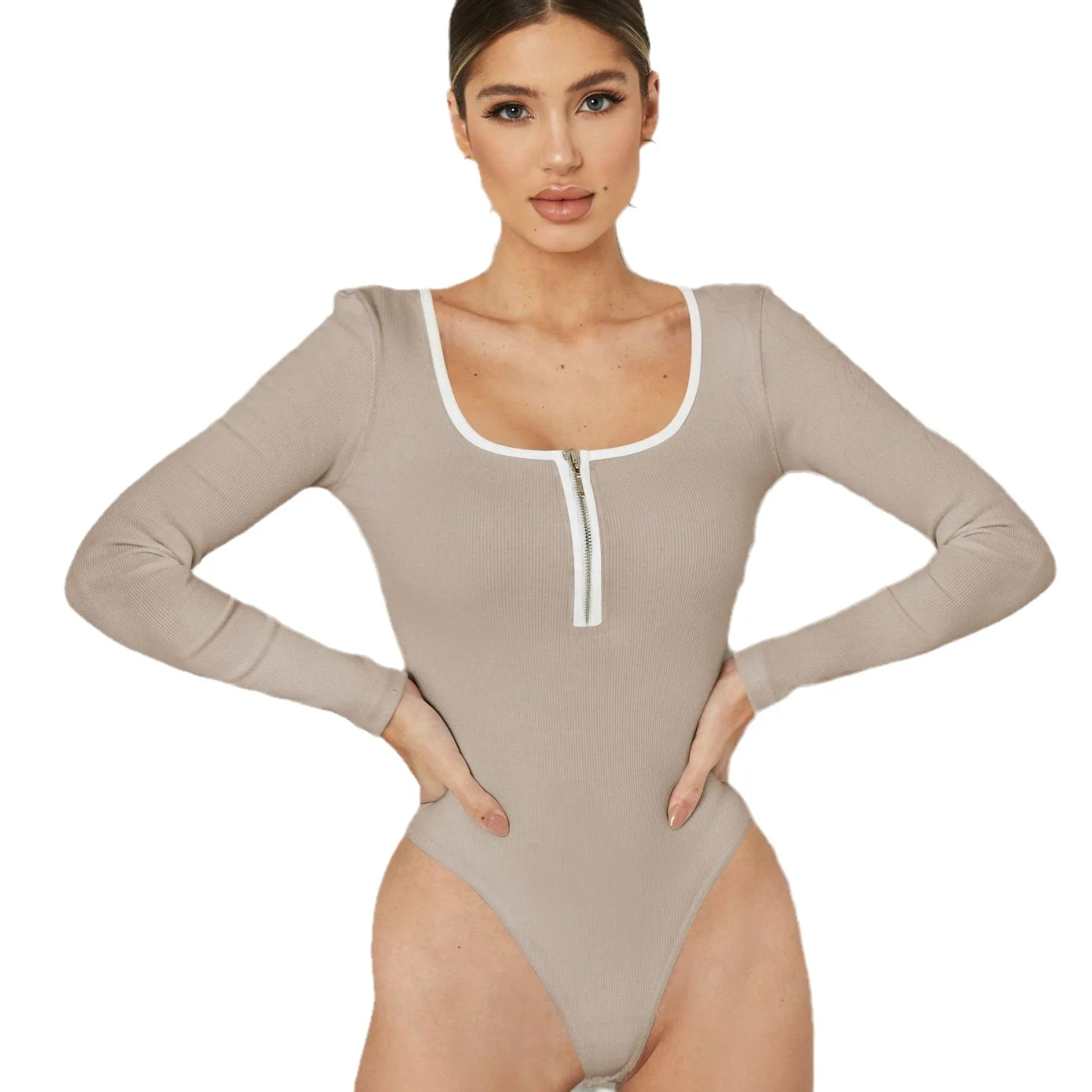 Hot Selling New Patchwork Color Zipper Thread Long Sleeved Tight Fitting Jumpsuit Fashionable Elegant Foundation Women Clothing