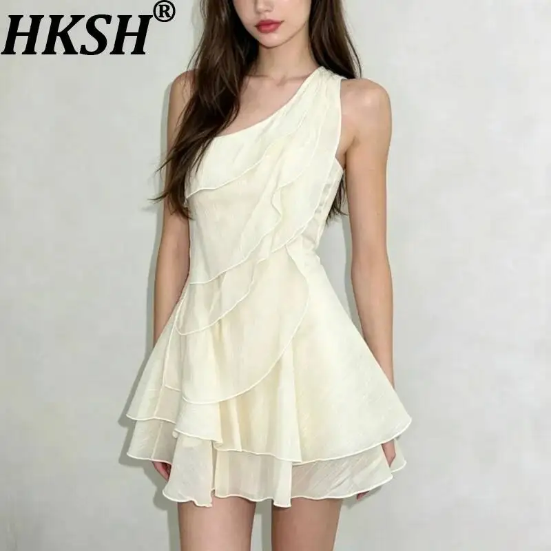 HKSH Women Sexy Short Dress Asymmetric Collar Off-shoulder Multi-layer Ruffled Waist Cinching Slim Fit Sweet Ins Dresses HK22881