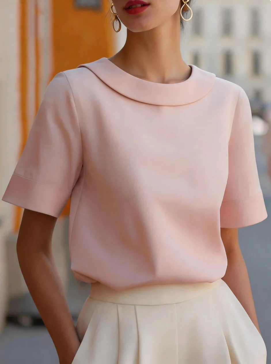 

Women Short Sleeve Round Neck Solid Casual Summer Blouse Top Elegant Office Lady Shirt
