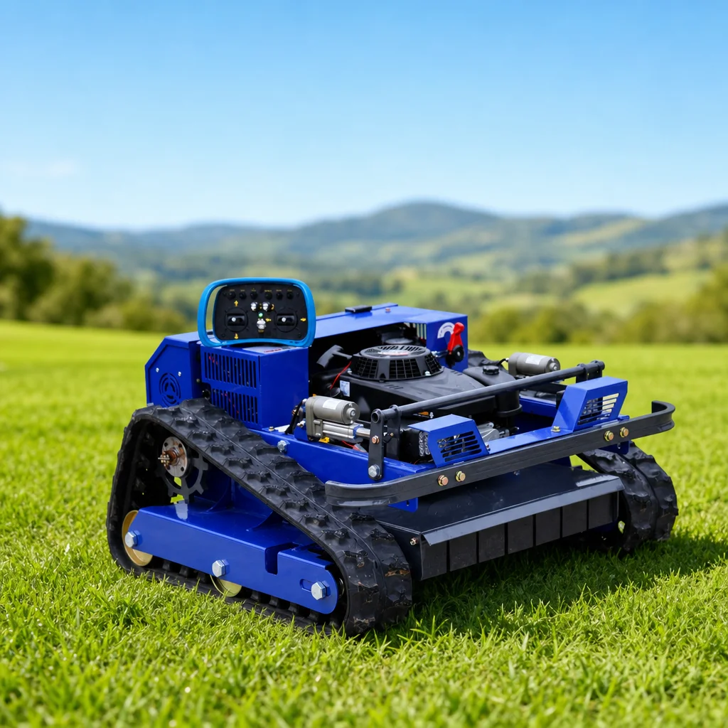 Customized CE EPA Rechargeable Tracked Remote Control Lawn Mower Brushless Foldable Handle for Mountain Terrain
