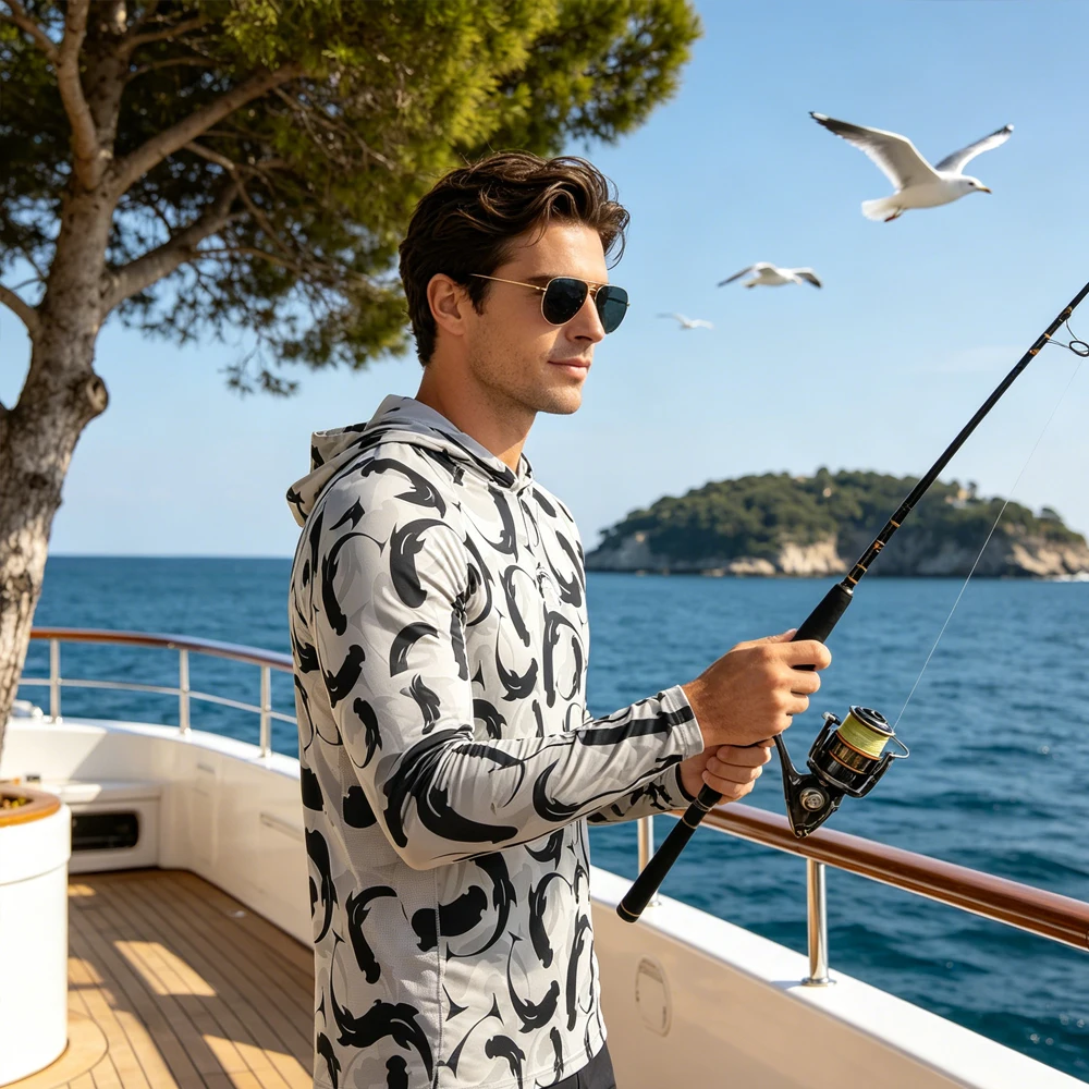 

Men Long Sleeve Hooded Fishing Hoodies UPF50+ Anti UV Sun Protection Fishing Clothing Fishing Top Wear Shirt for Fishing