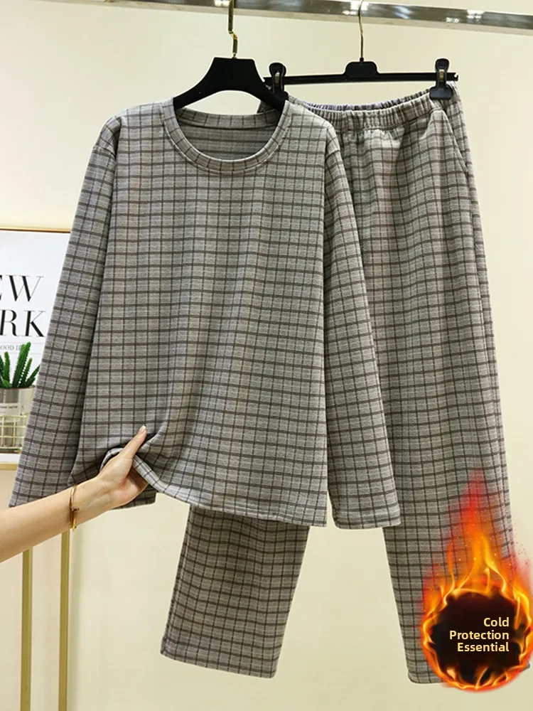 

Men's Winter Home Clothes Set Plaid Fluffy Velboa Loose Casual round Neck Two-Piece Suit for Sleep Or Daily Wear