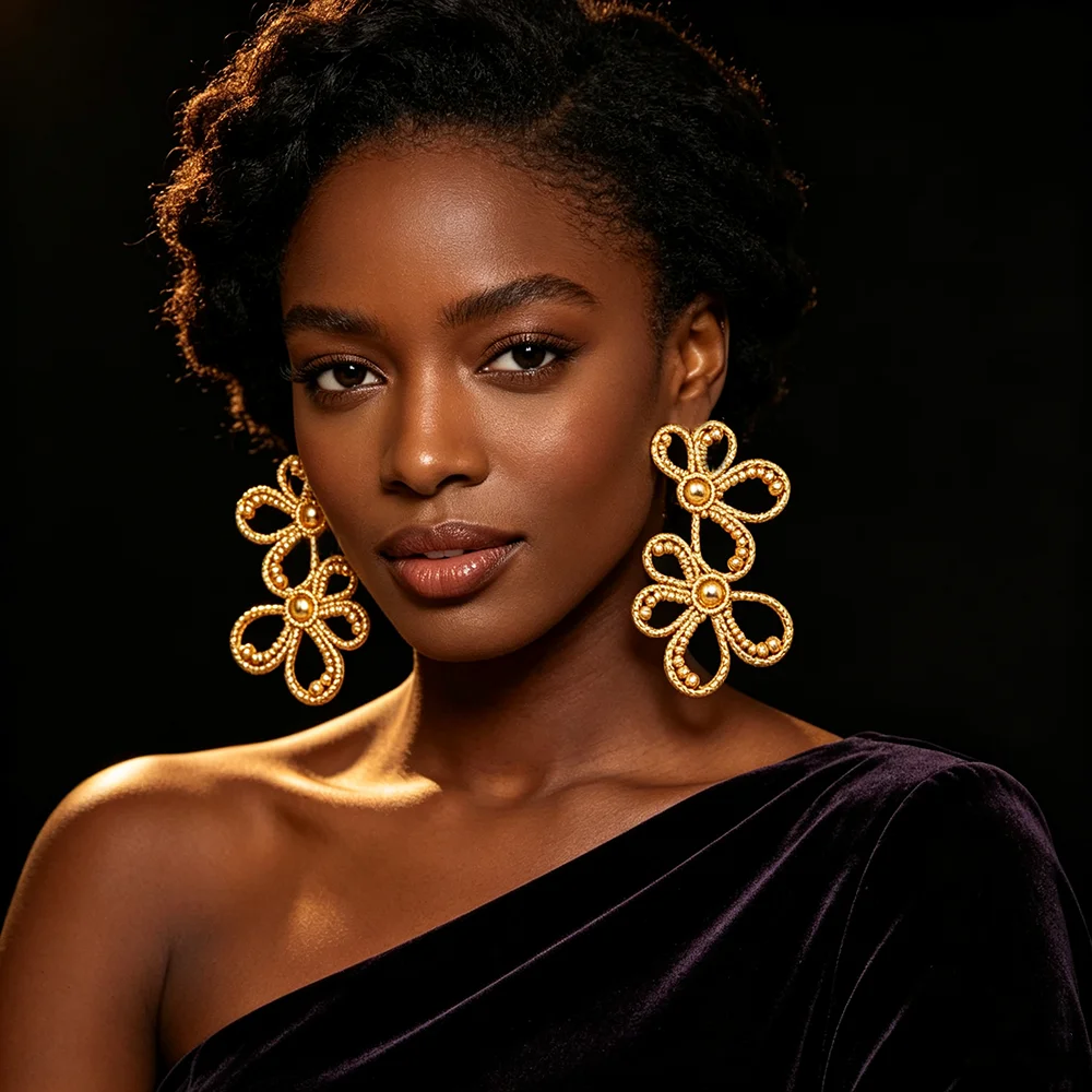 Women's 18K Gold Plated Double Flower Dangle Earrings & Ring Set