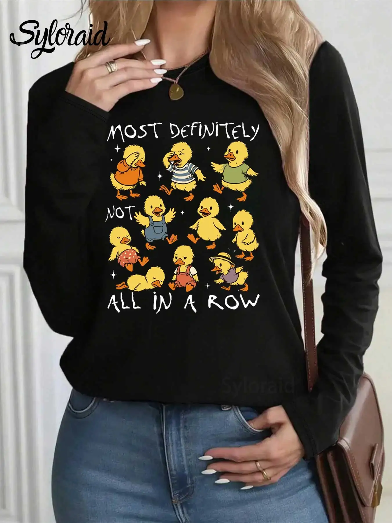 Langarm-T-Shirt für Damen. Definite Not All In A Row T-Shirt. Lustiges Enten-Humor-Shirt, modisches, lässiges Oberteil mit Rundhalsausschnitt