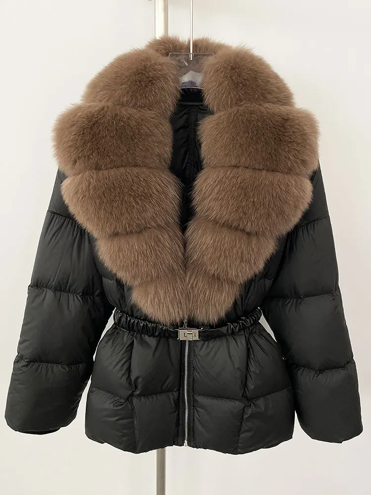 เสื้อแจ็คเก็ตพัฟเฟอร์แฟชั่นฤดูหนาวปี 2025 สำหรับผู้หญิง เสื้อผ้าผู้หญิง ขนฟ็อกซ์ธรรมชาติ เสื้อโค้ทขนเป็ดสีขาว