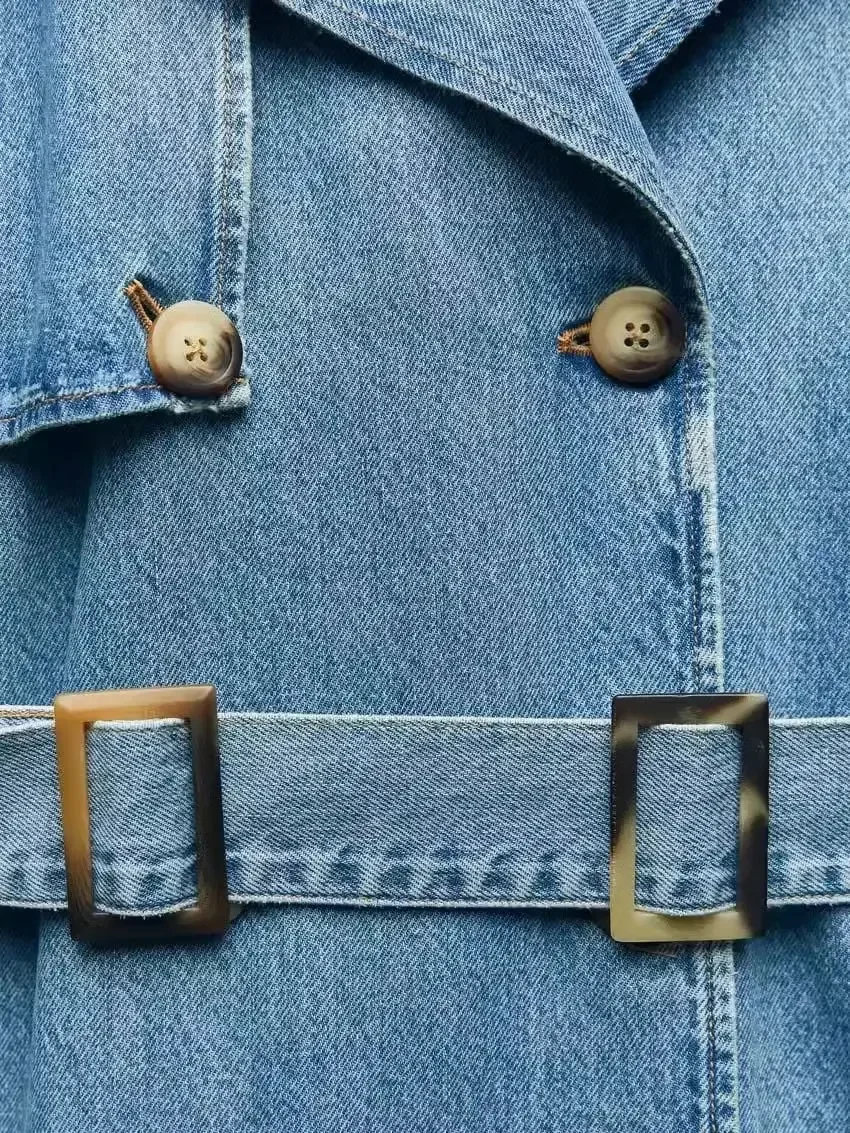 Europe and The United States Autumn New Fashion Street Personality Double Breasted Lapel Casual Long Denim Coat with Belt Women