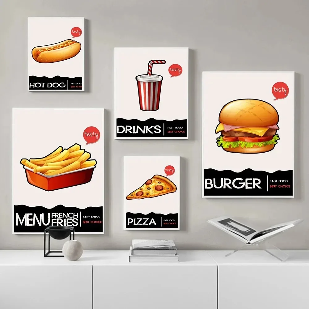 Художественный холст с принтом пиццы, картофеля фри, хот-догов, постер для гамбургеров, напитков, ресторана, кухни