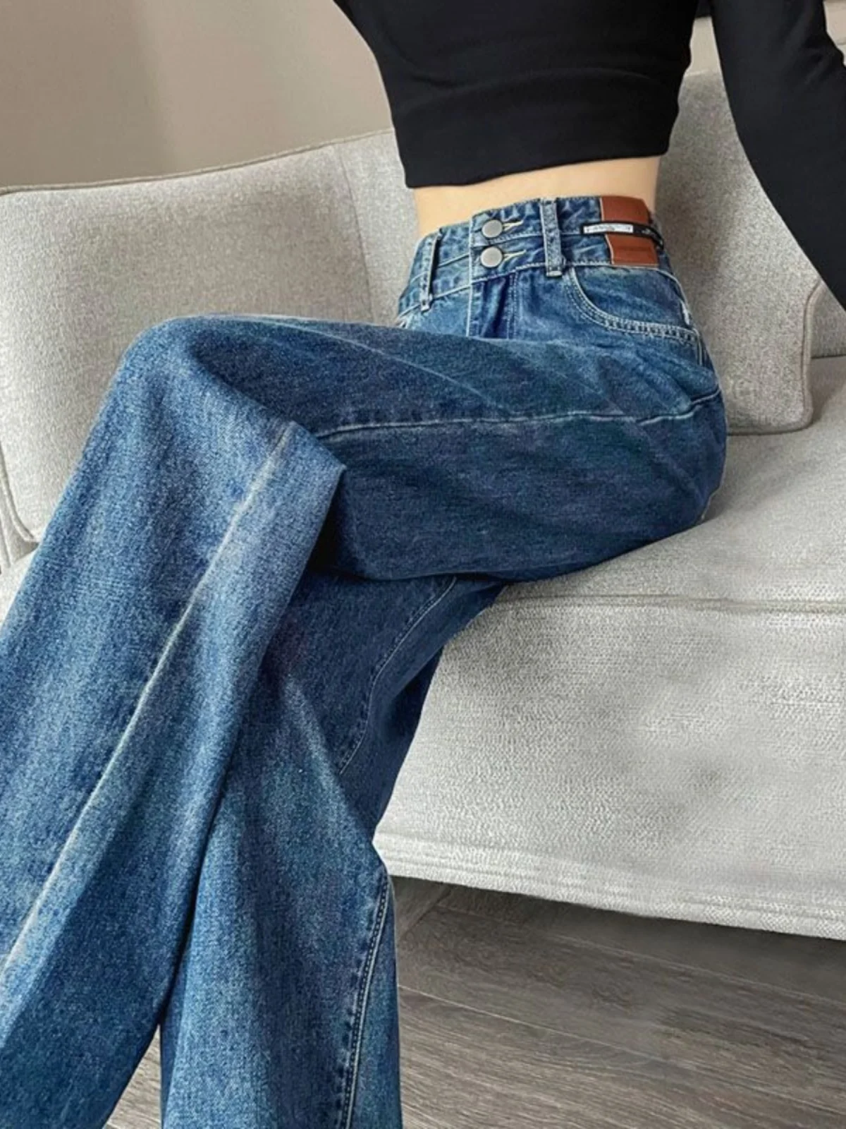 

Retro Blue High Waist Wide Leg Casual Denim Jeans Women's Double Bule Design Slimming Drapey Floor-Length Straight Pants
