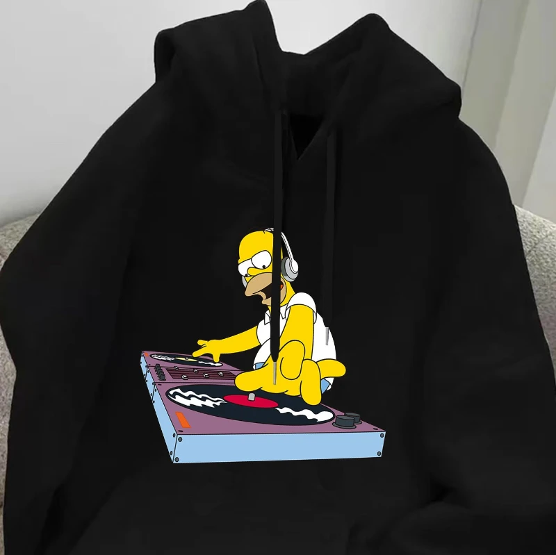 Simpsons Men's Comfortable Hooded Sweatshirt for Autumn and Winter, Homer DJ Printed Pattern Men's Casual Hooded Sweatshirt