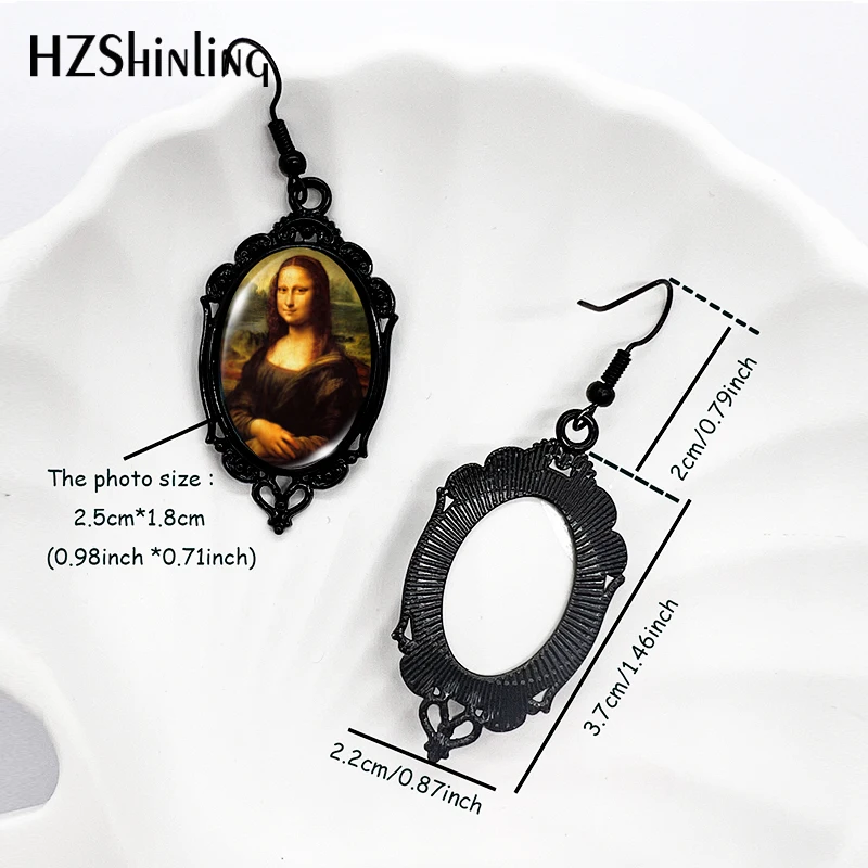 2024 New Mona Lisa Painting Dangle Earring Black Lace Earrings Oval Glass Photo Jewelry Gifts Party