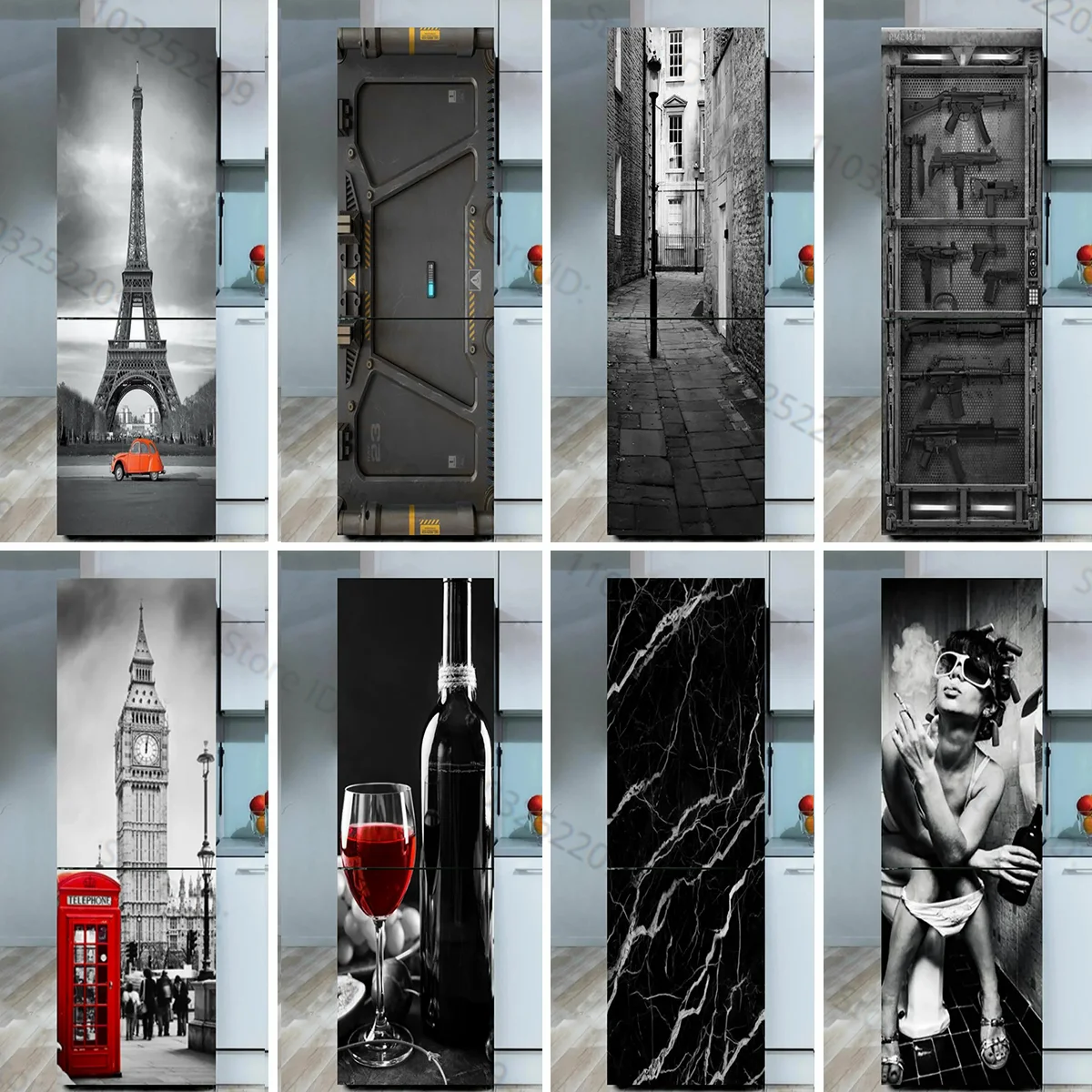 Black Technology Gate Refrigerator Door Wrap Mural Decal Peel&Stick Waterproof Kitchen Leopard Coffee Fridge Sticker Wallpaper